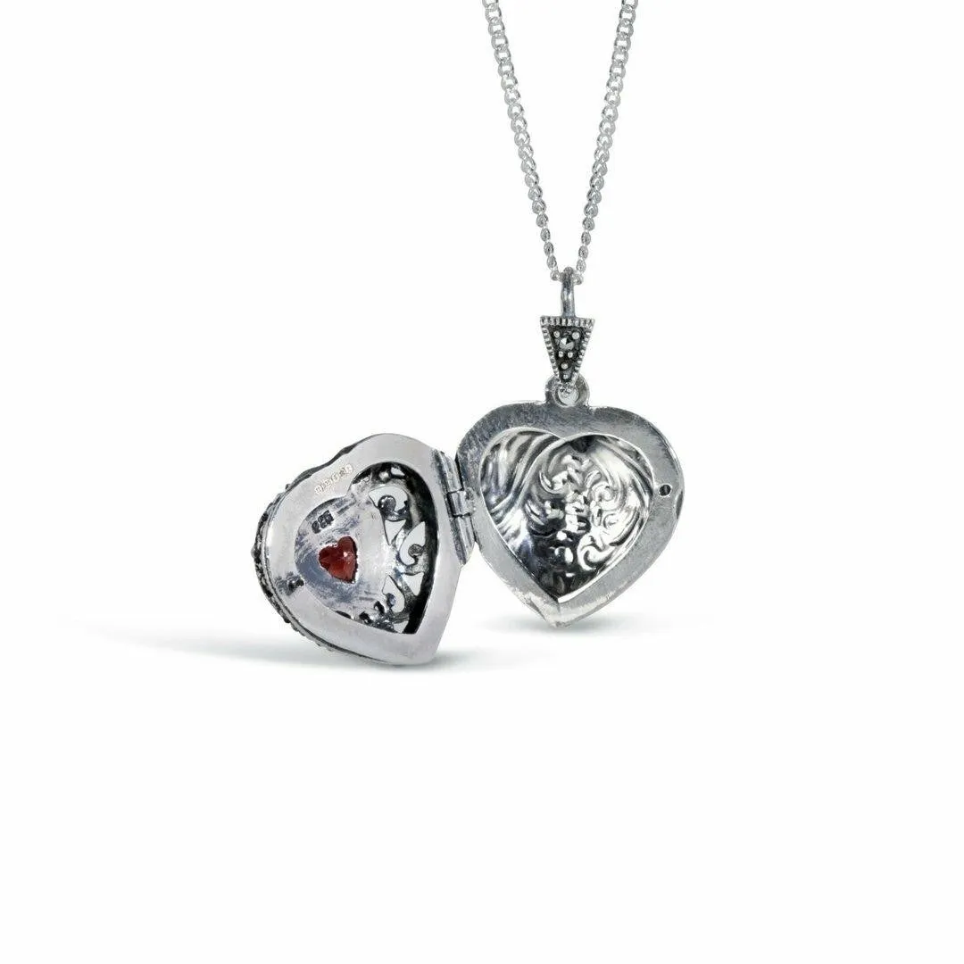 Garnet Vintage Heart Locket | Silver