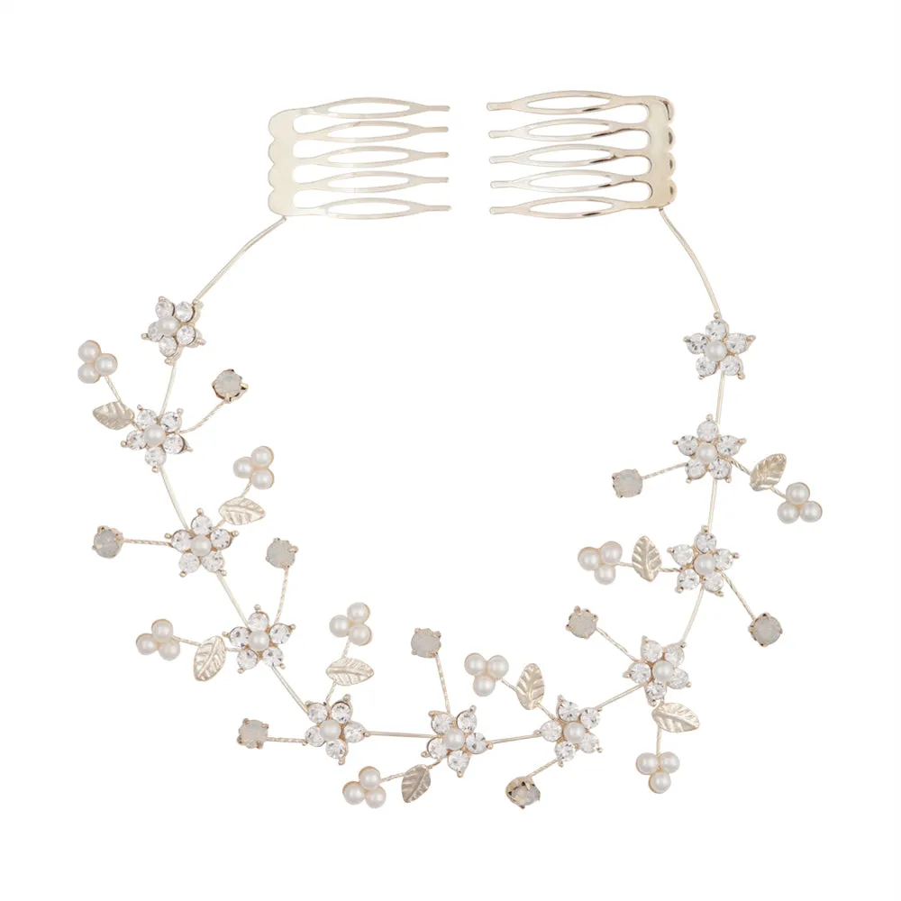 Gold Diamante Flower & Pearly Hair Vine