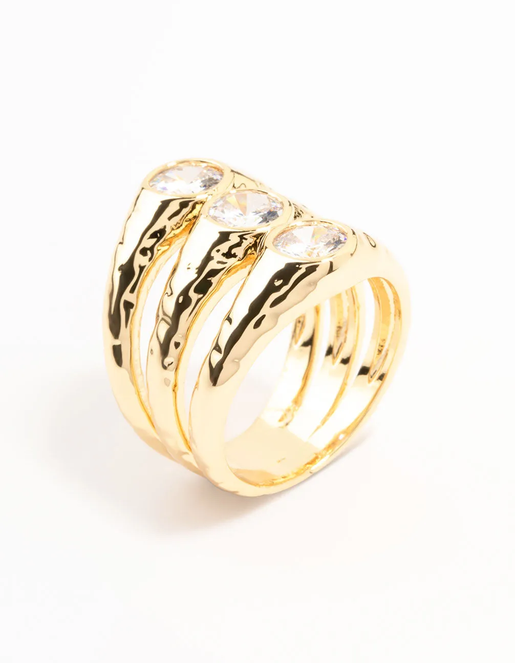 Gold Plated Textured 3 Row Cubic Zirconia Ring