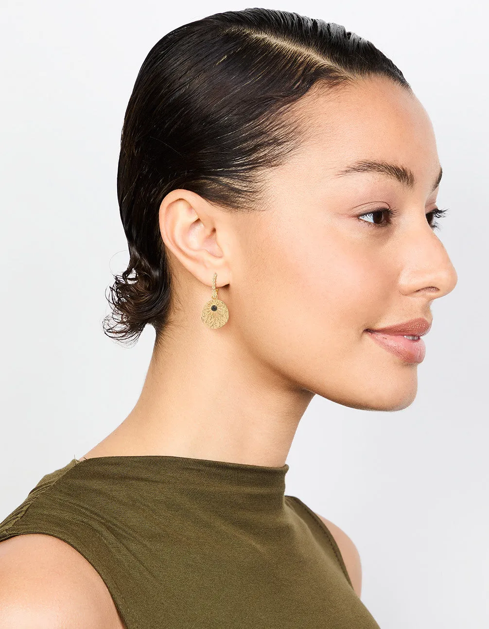 Gold Textured Star Disc Drop Hoop Earrings