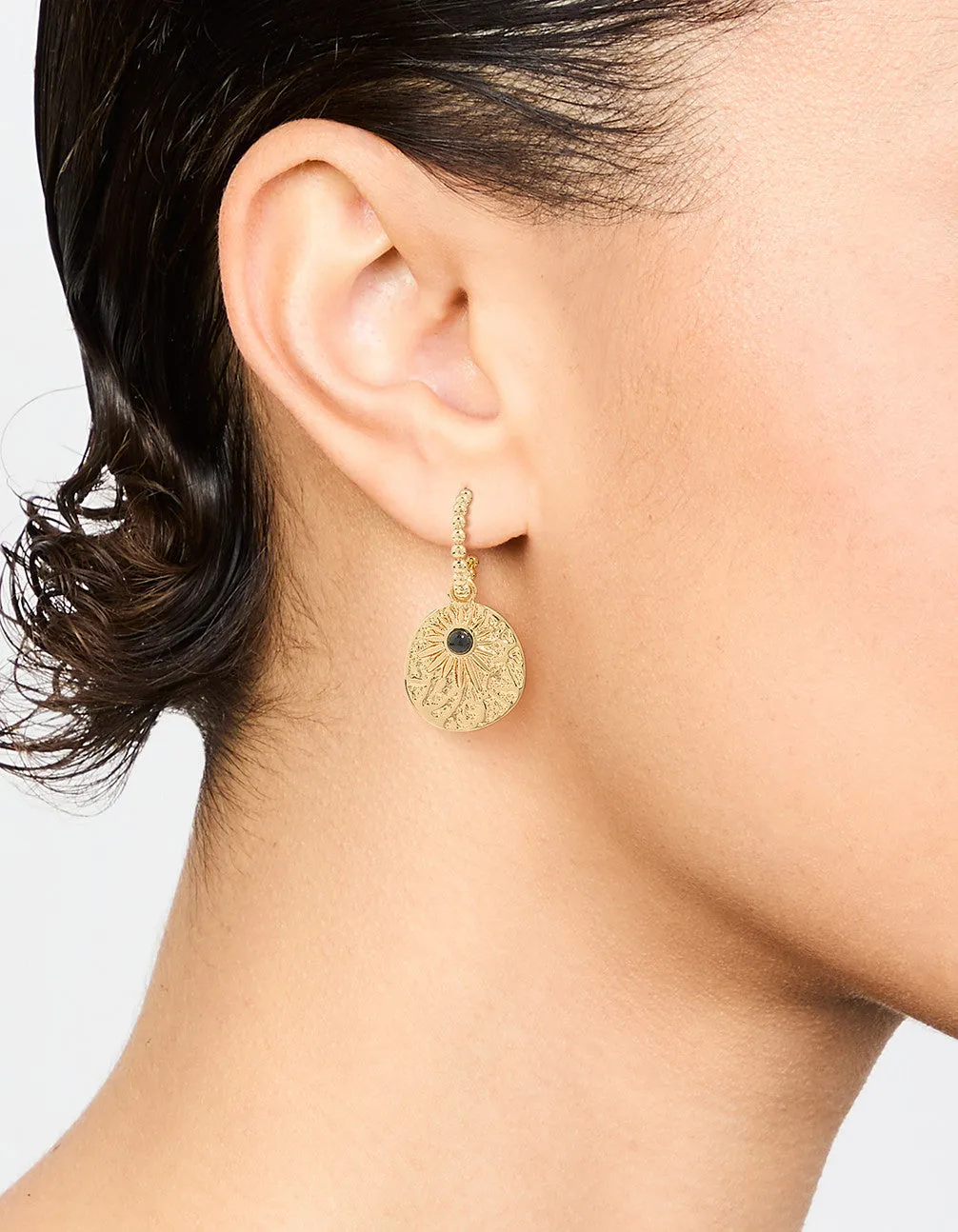 Gold Textured Star Disc Drop Hoop Earrings