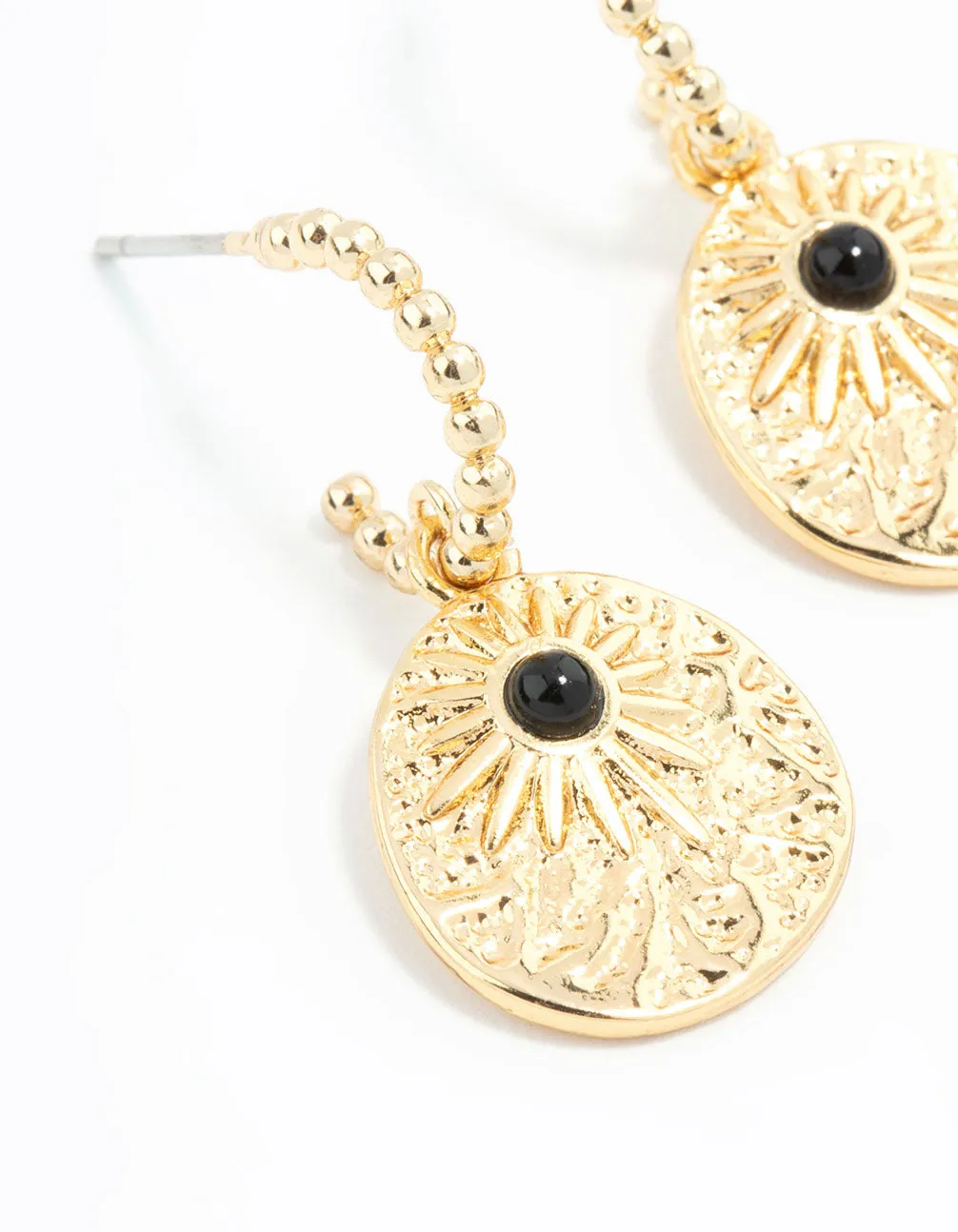 Gold Textured Star Disc Drop Hoop Earrings