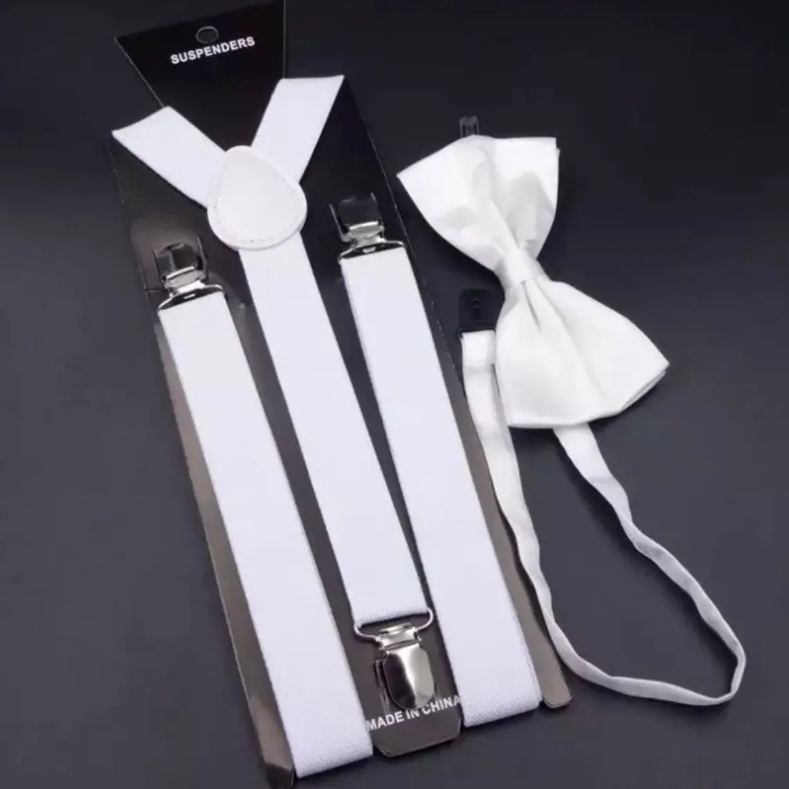 Great Gatsby 1920's Flapper Newsboy Gangster Men's Suspenders with Bow Tie Set - White