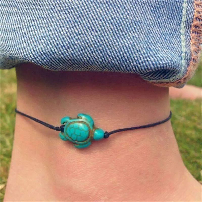 Green Sea Turtle Turquoise Bead Anklet for Woman or Teens Casual or Beach Wear