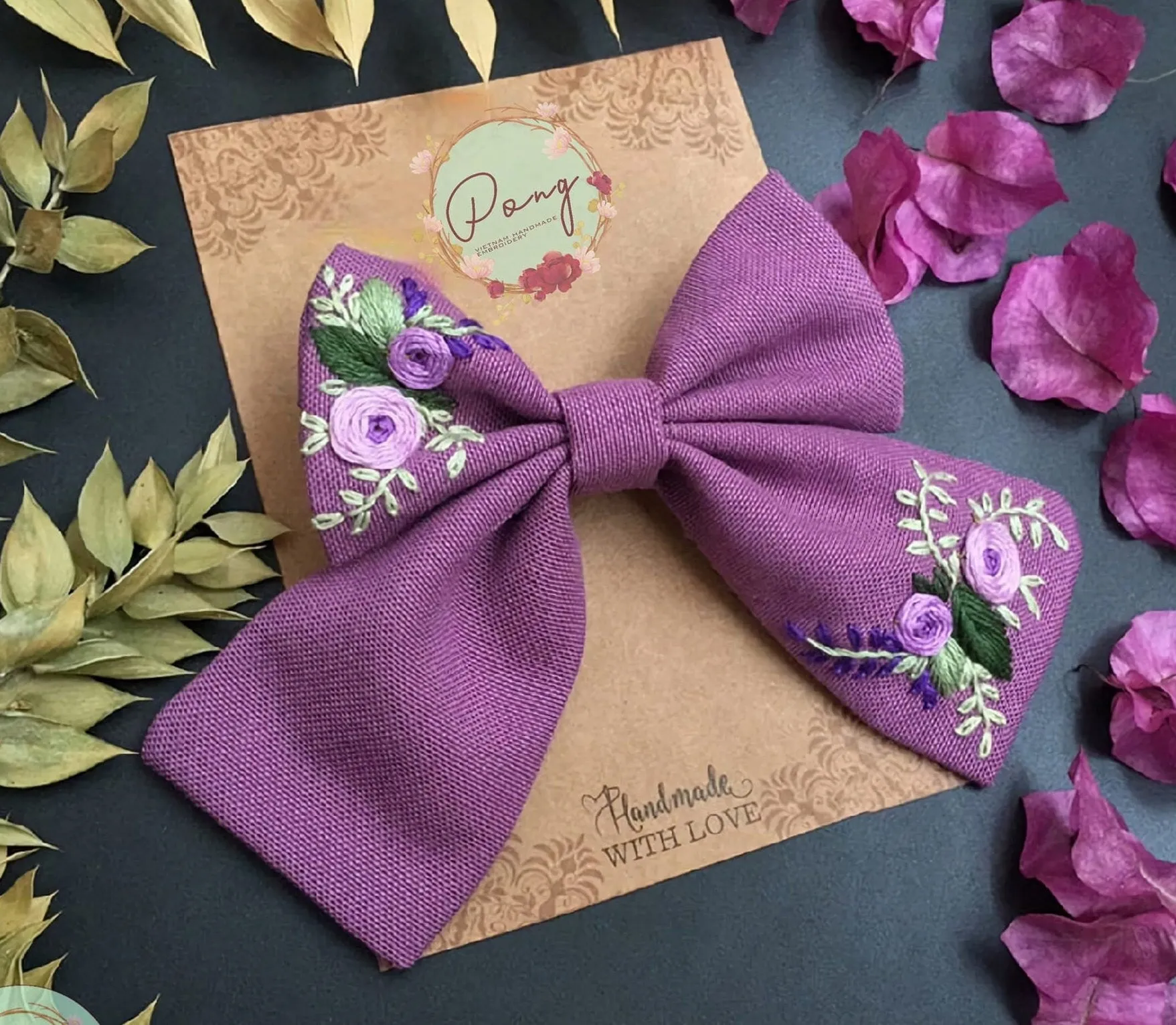 Hand Embroidered Rose Hair Bow