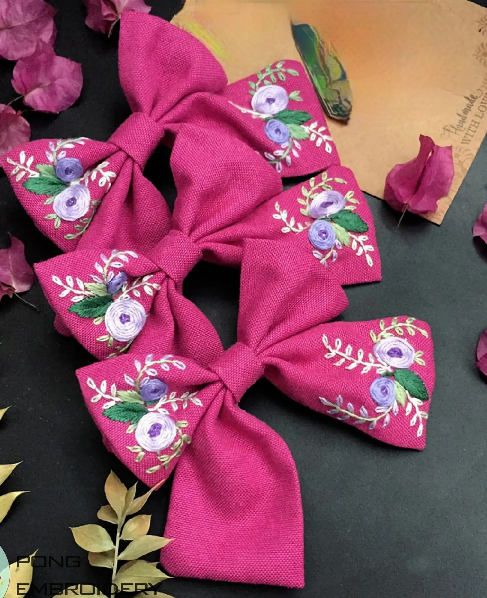 Hand Embroidered Rose Hair Bow