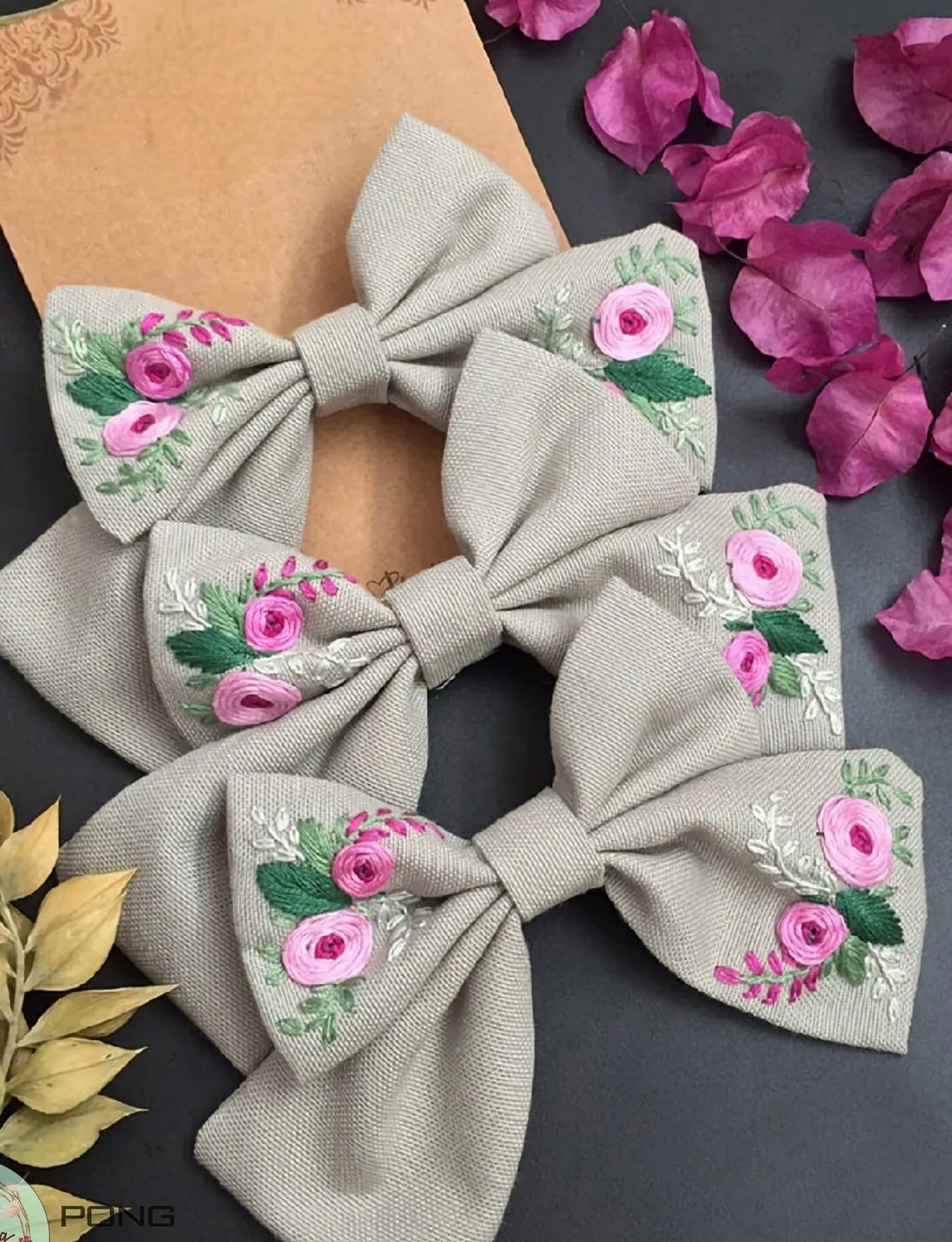 Hand Embroidered Rose Hair Bow