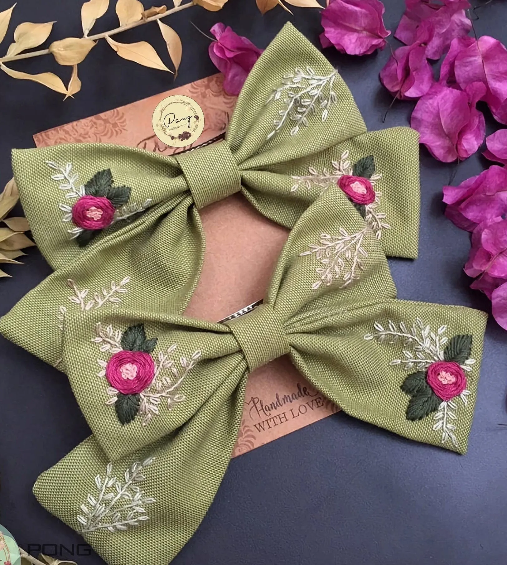 Hand Embroidered Rose Hair Bow