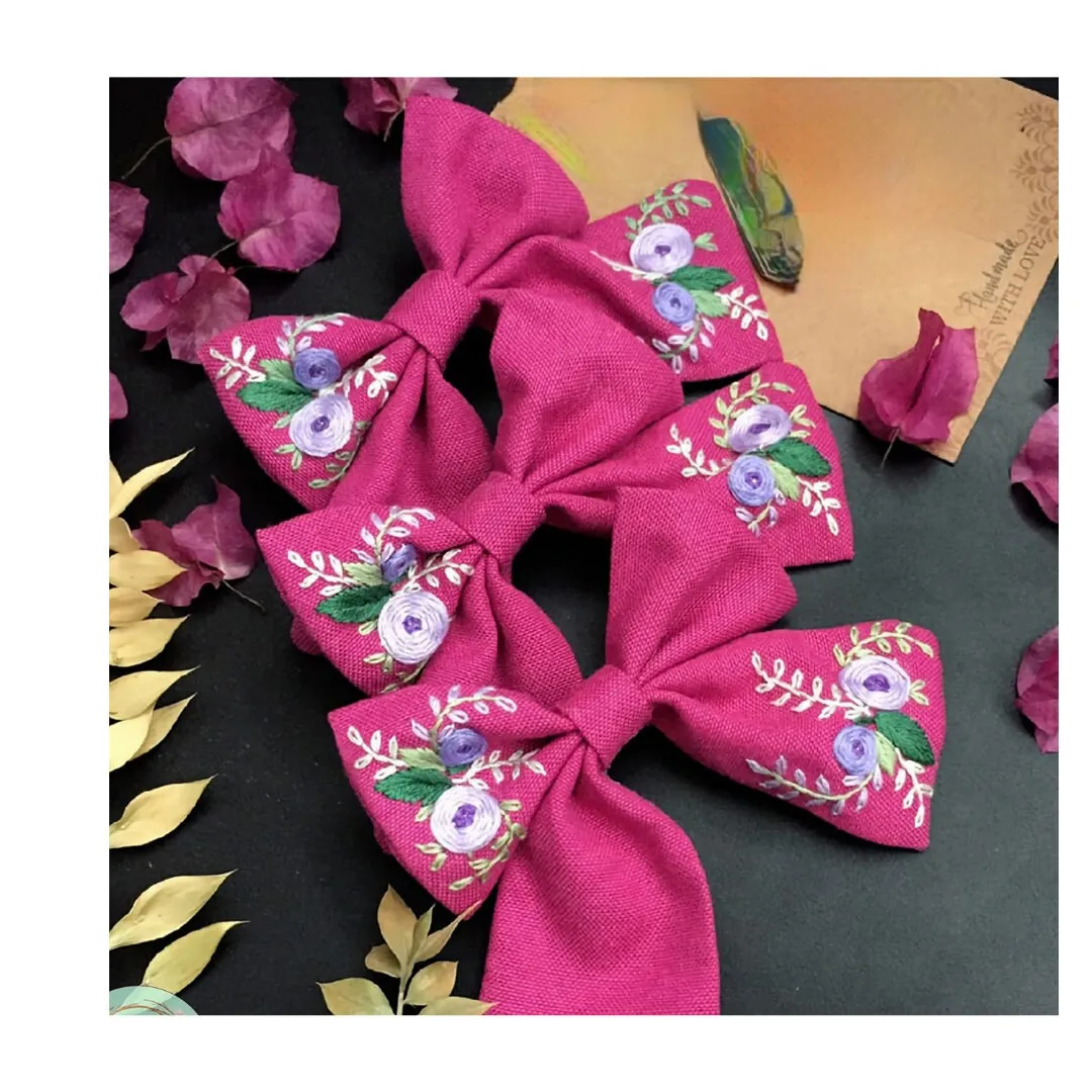 Hand Embroidered Rose Hair Bow