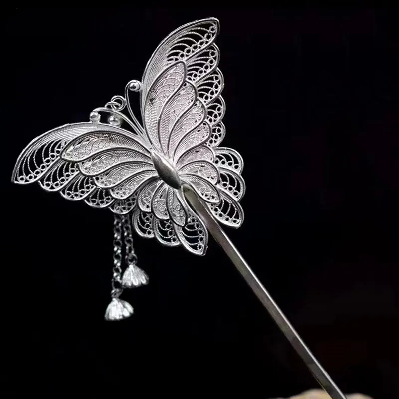 Handcrafted Vintage Chinese Style 999 Sterling Silver Filigree Butterfly Hairpin