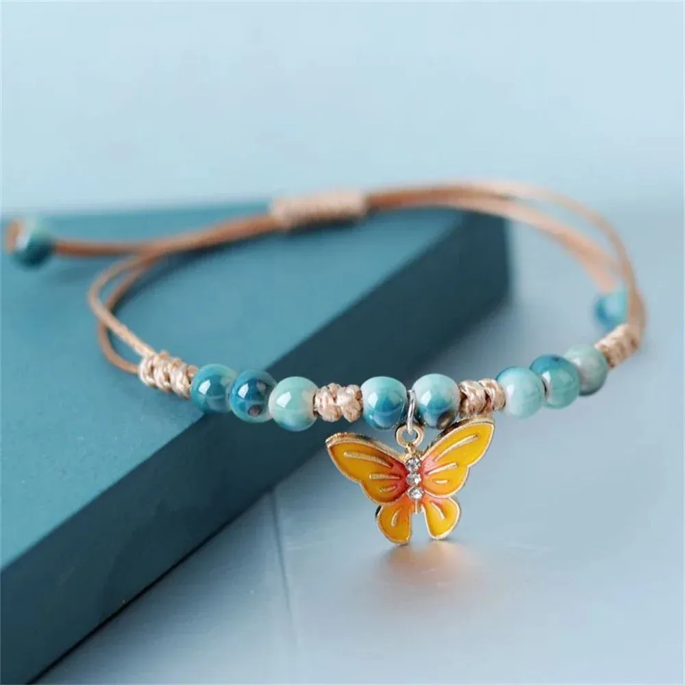 Handmade Butterfly Ceramic Beaded Bracelet Boho Adjustable Friendship Braided Bracelets Anklet Summer Women Girl Jewelry Gifts