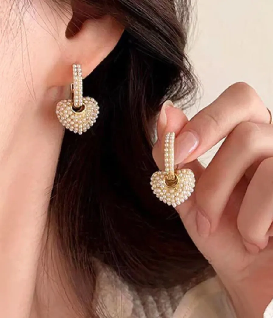 Heart Drop Pearl Embellished Earrings