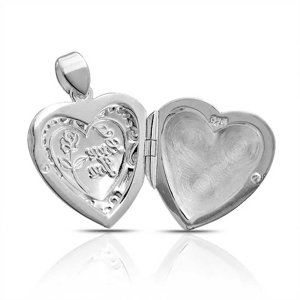 I LOVE YOU Puff Heart Locket Necklace Sterling Silver Photo Holder