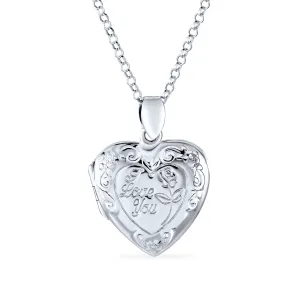 I LOVE YOU Puff Heart Locket Necklace Sterling Silver Photo Holder