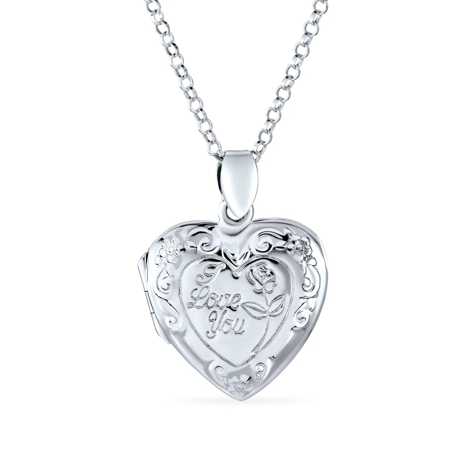 I LOVE YOU Puff Heart Locket Necklace Sterling Silver Photo Holder