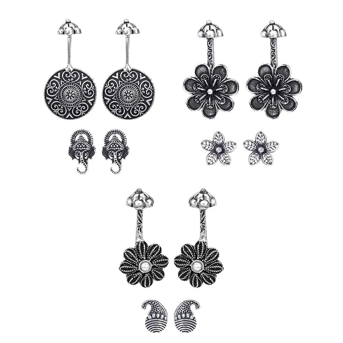 Kairangi Oxidised Ear Cuffs for Women Combo of 3 Pairs Silver Oxidised Stud Earrings Floral Design Traditional Bugadi Ear Clip Earrings for Women and Girls.