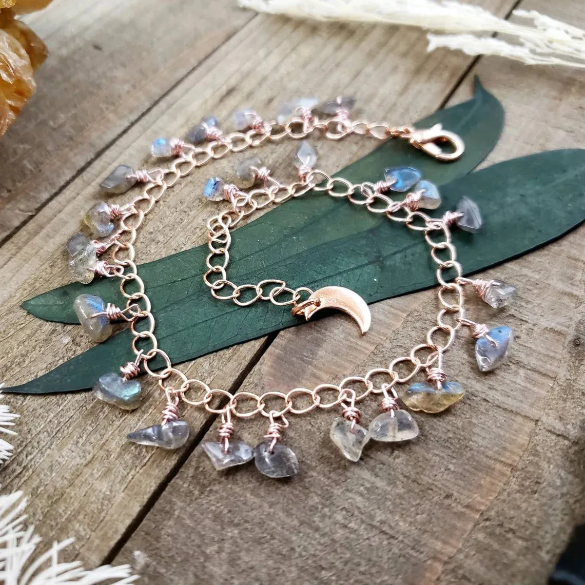 Labradorite beaded rose gold anklet