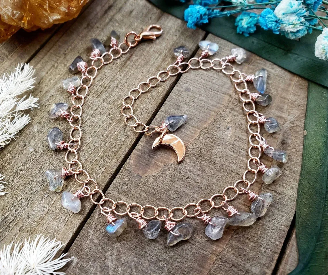 Labradorite beaded rose gold anklet