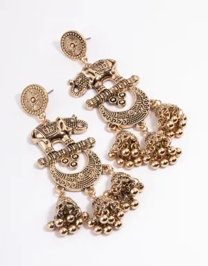 Long Antique Gold Elephant Jhumka Earrings