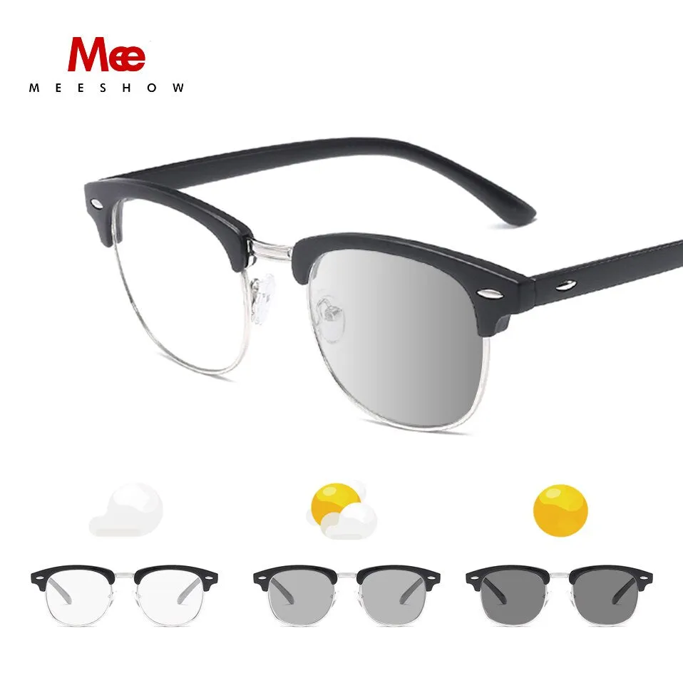 Meeshow Unisex Full Rim Square Stainless Steel Acetate Reading Glasses Photochromic 0844