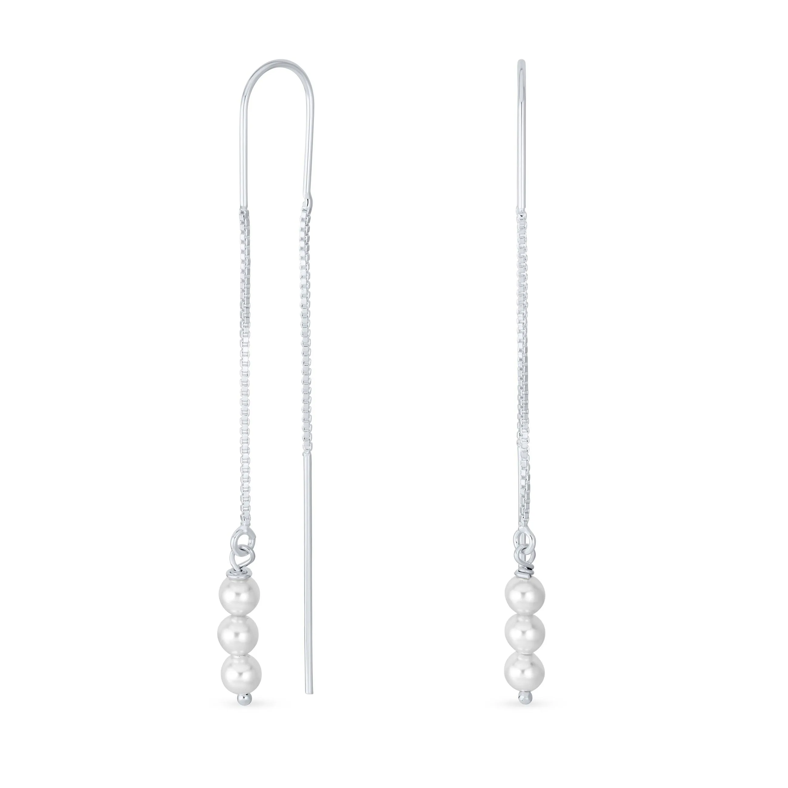 Minimalist Long Wire Hook Dangle Earrings with Three Simulated White Pearls Sterling Silver