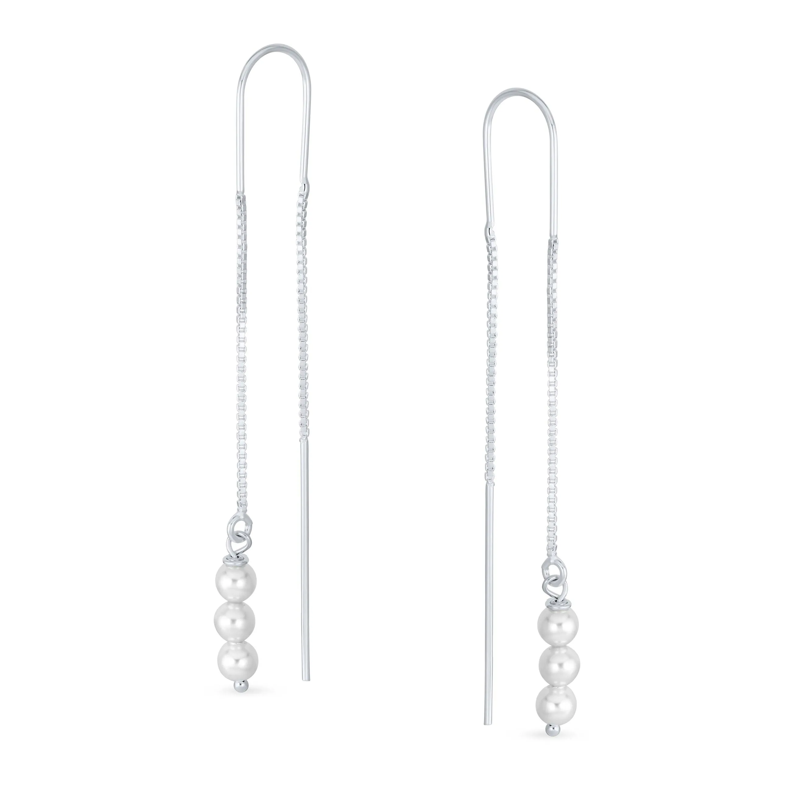 Minimalist Long Wire Hook Dangle Earrings with Three Simulated White Pearls Sterling Silver