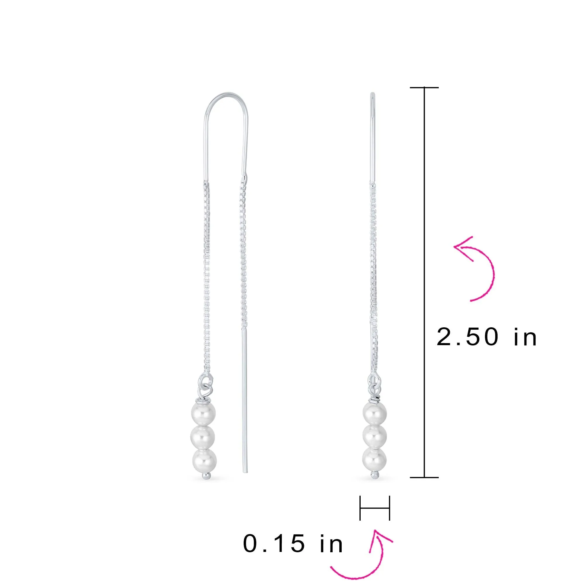 Minimalist Long Wire Hook Dangle Earrings with Three Simulated White Pearls Sterling Silver