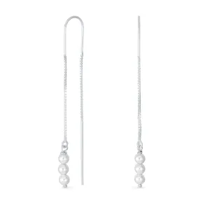 Minimalist Long Wire Hook Dangle Earrings with Three Simulated White Pearls Sterling Silver