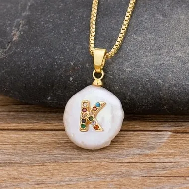 Natural Freshwater Pearl Necklace with Initial A-Z for Women in Gold Color