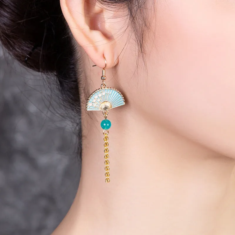 Oriental Fan Dangle Earrings with Pearl and Blue Stone jlt11633