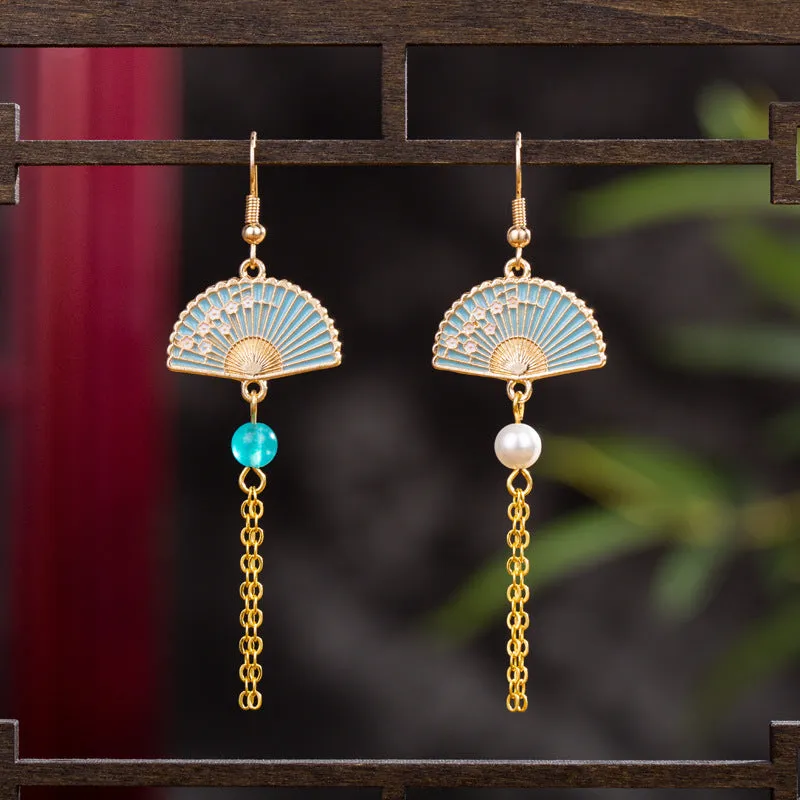 Oriental Fan Dangle Earrings with Pearl and Blue Stone jlt11633