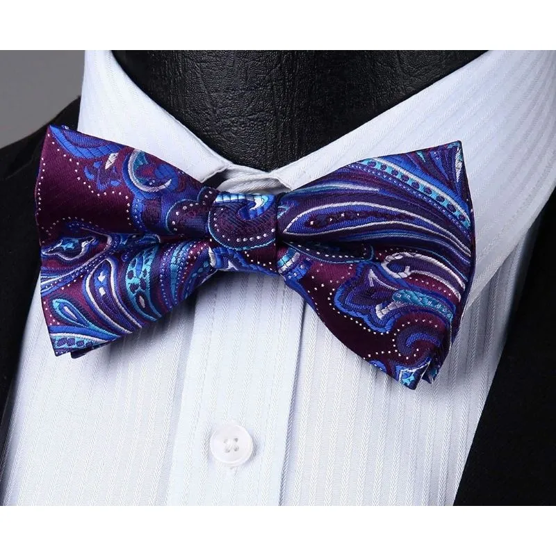 Paisley Pre-Tied Bow Tie & Pocket Square - D-PURPLE 3