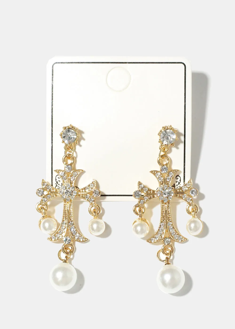 Pearl and Rhinestone Cross Earrings