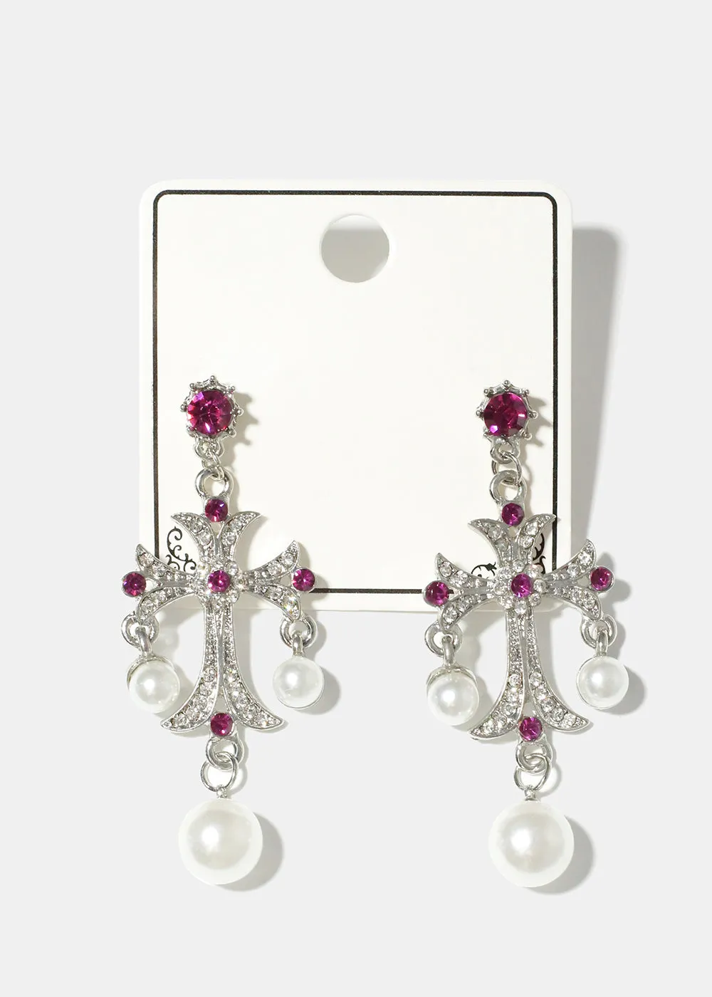 Pearl and Rhinestone Cross Earrings