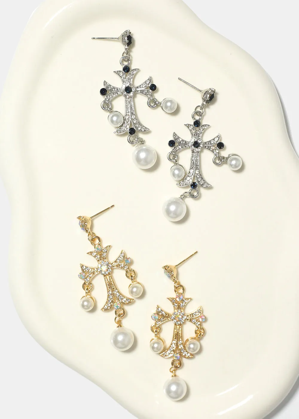 Pearl and Rhinestone Cross Earrings