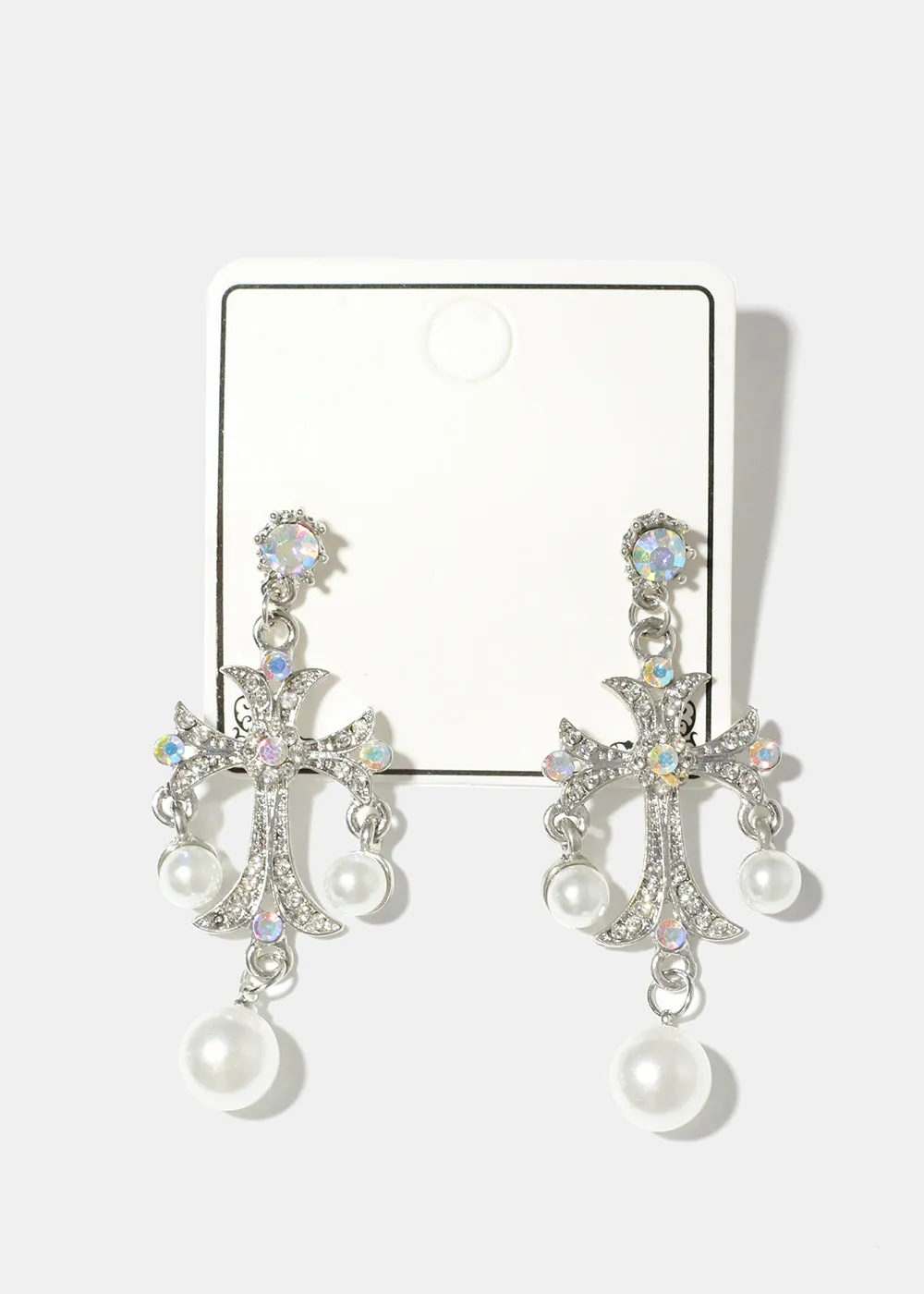 Pearl and Rhinestone Cross Earrings