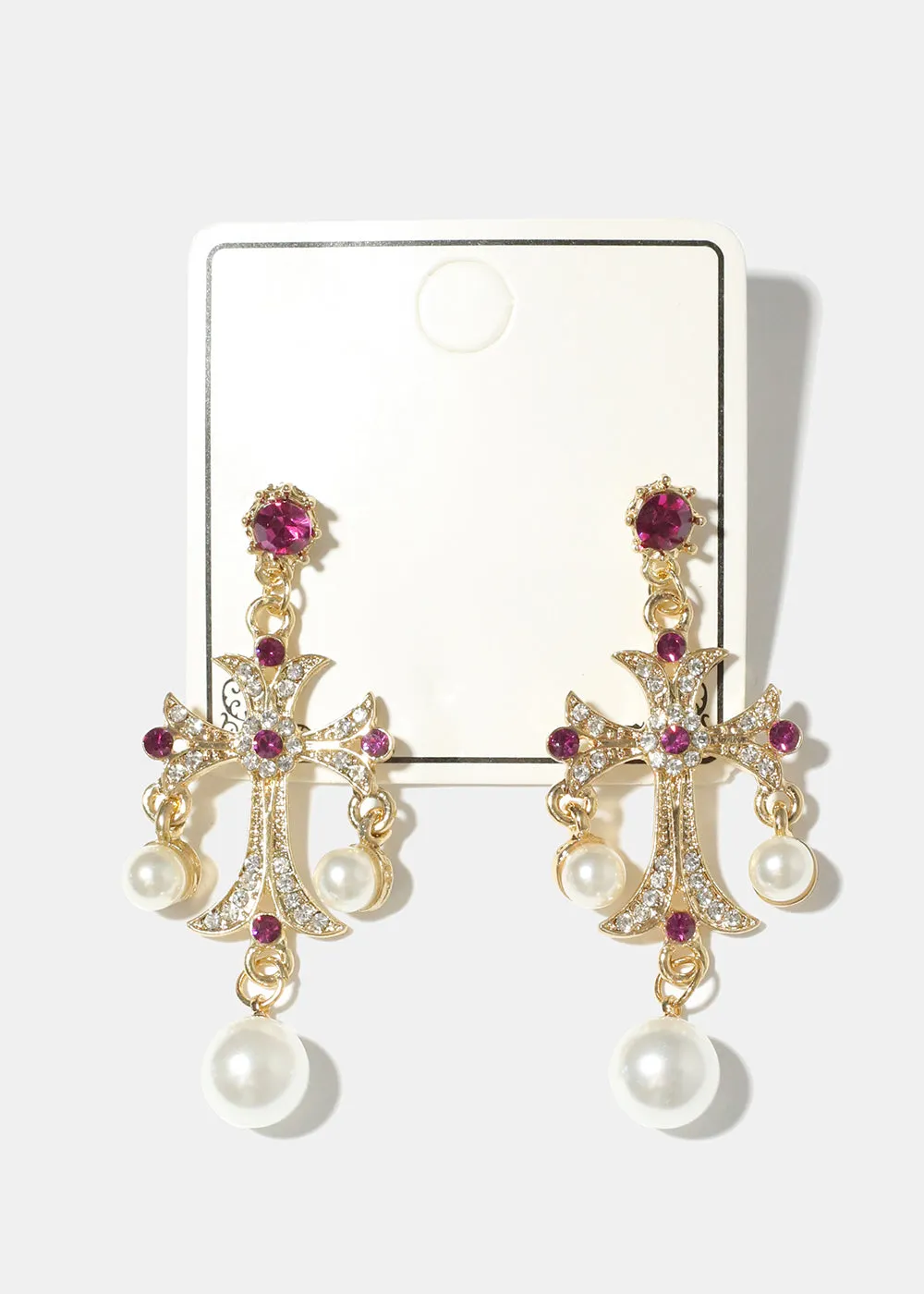 Pearl and Rhinestone Cross Earrings