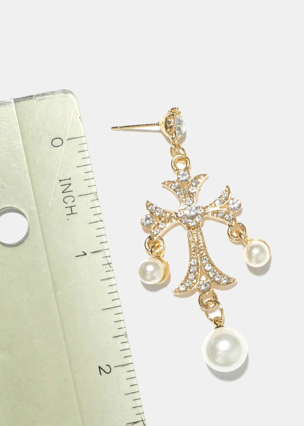 Pearl and Rhinestone Cross Earrings