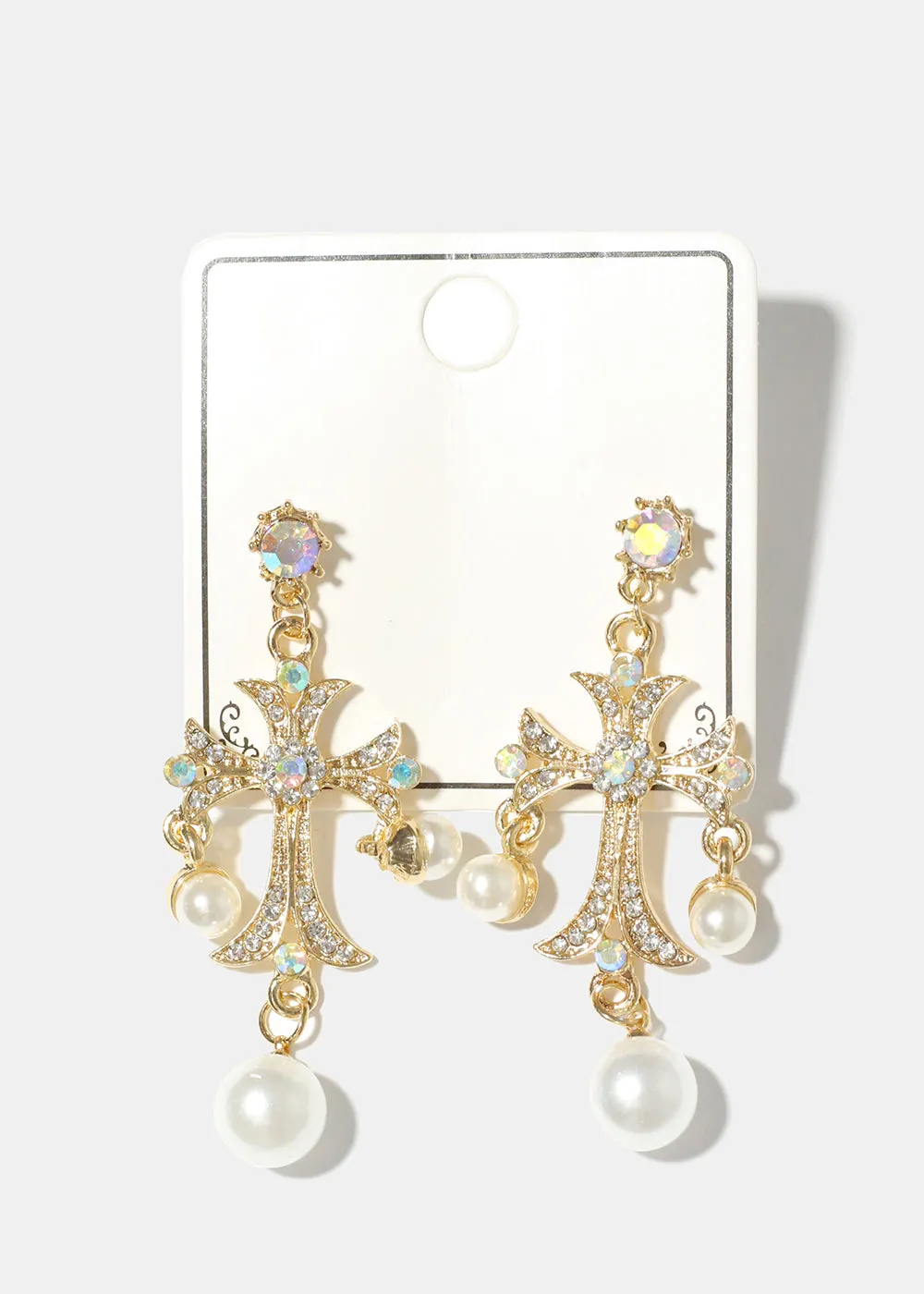 Pearl and Rhinestone Cross Earrings