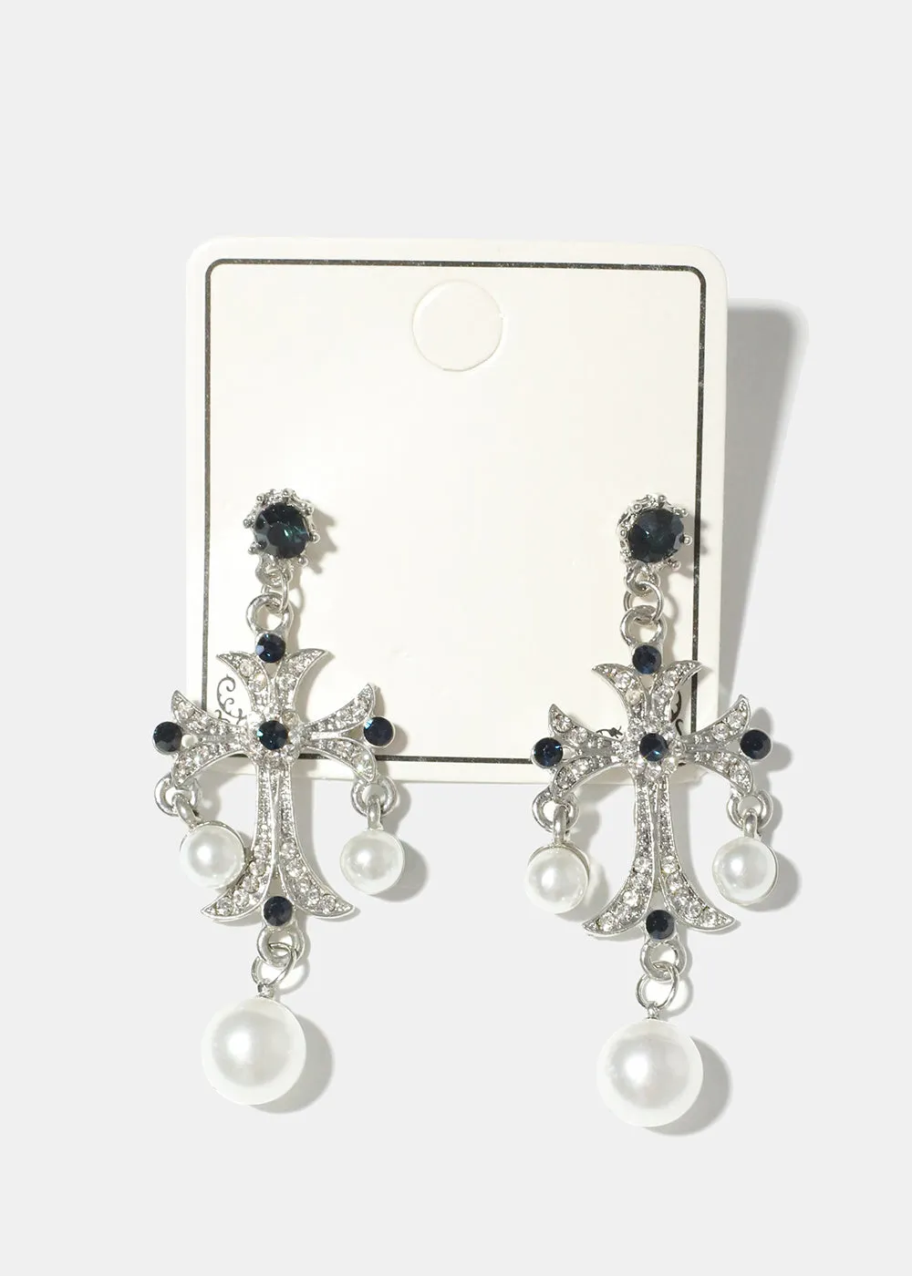 Pearl and Rhinestone Cross Earrings