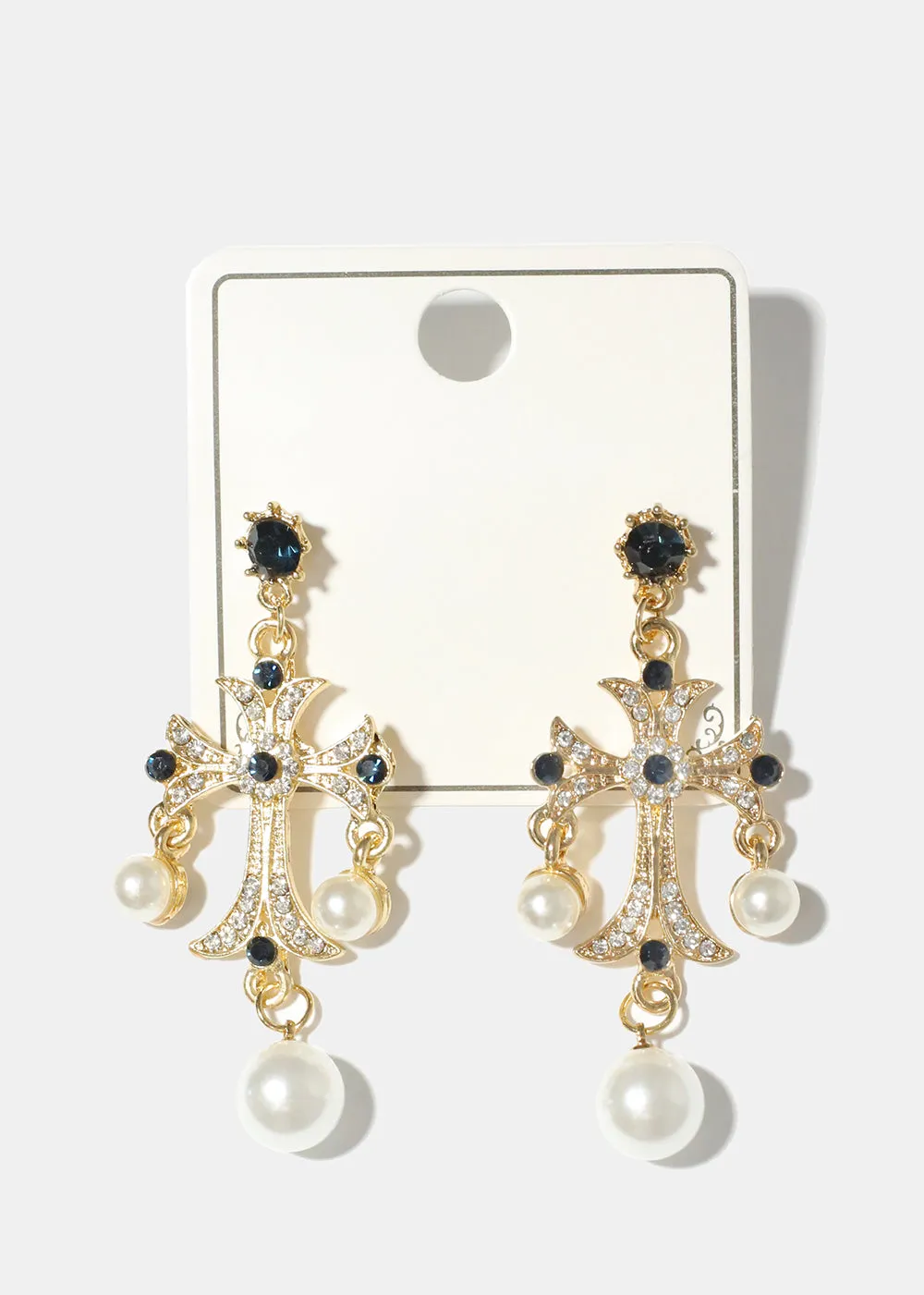 Pearl and Rhinestone Cross Earrings