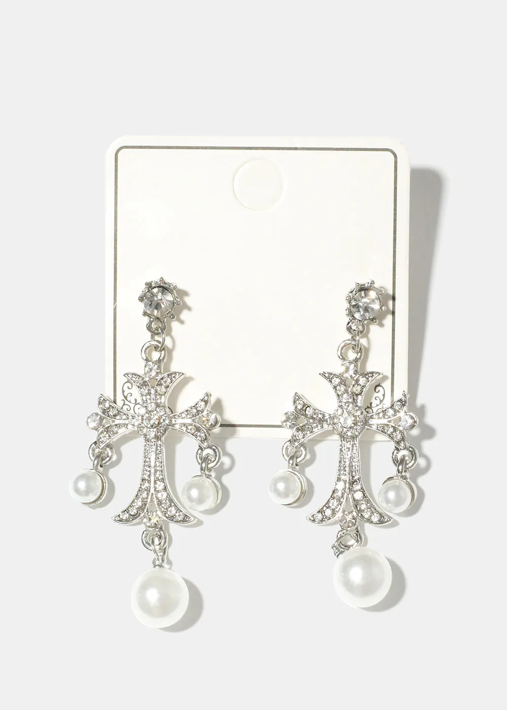 Pearl and Rhinestone Cross Earrings