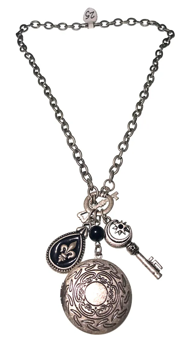 Photo Locket Vintage Silver Key Charm Necklace