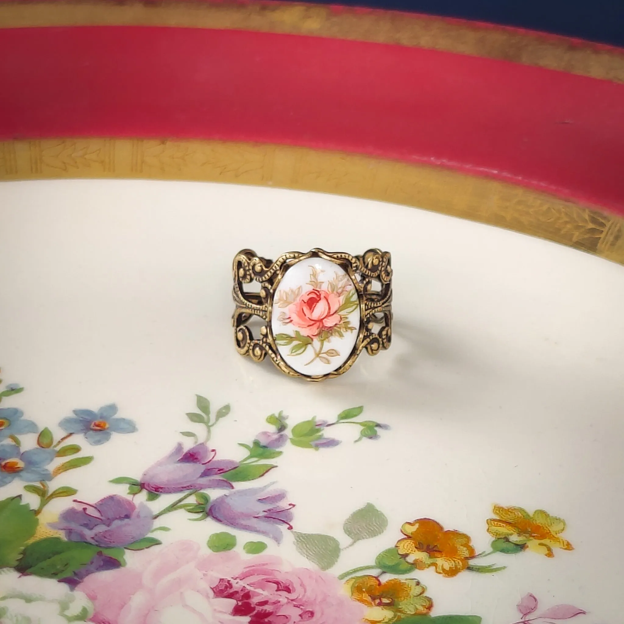 Pink Rose Cameo Ring on Vintage Style Filigree Adjustable Ring in Silver or Brass Choose from Pink, Blue, or Yellow