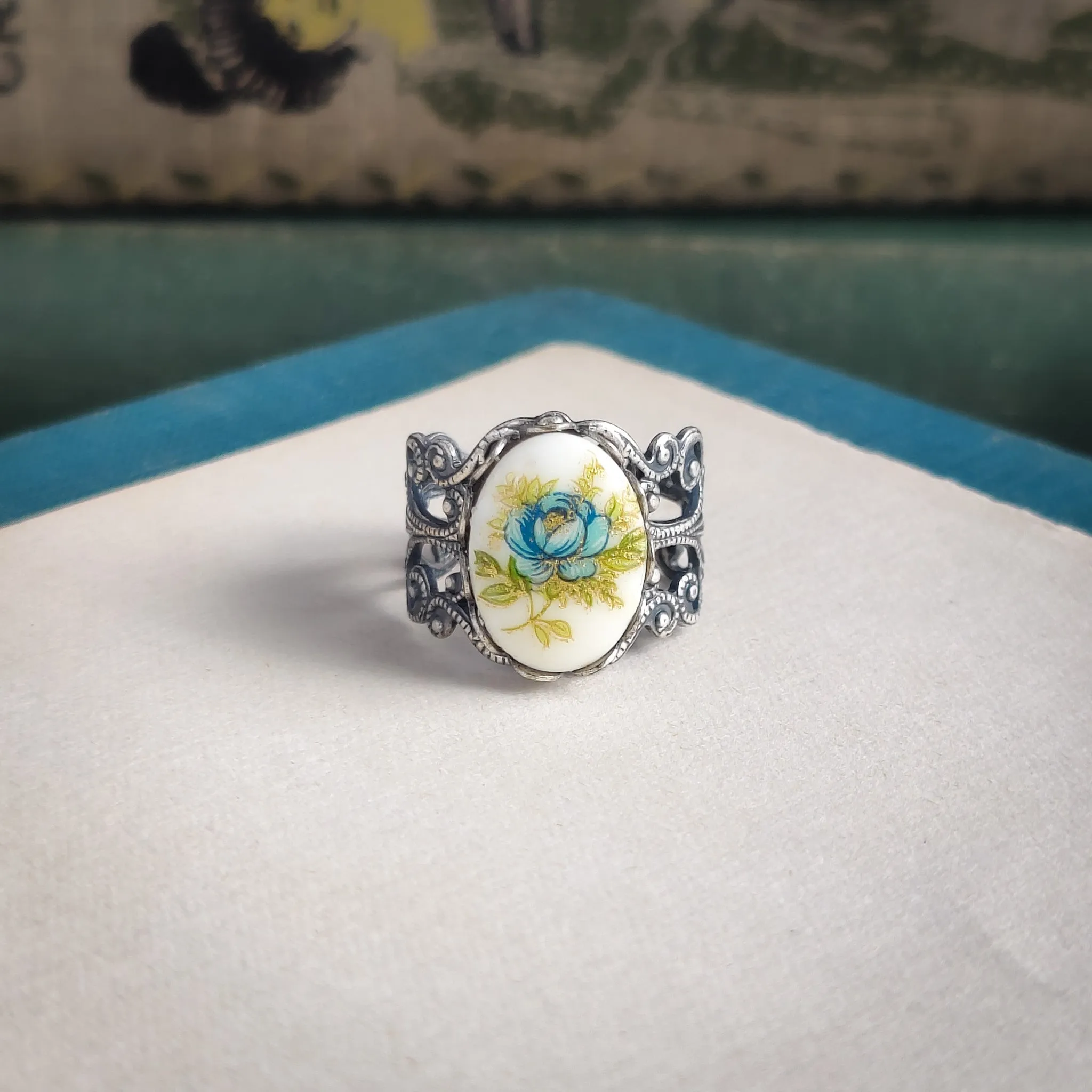 Pink Rose Cameo Ring on Vintage Style Filigree Adjustable Ring in Silver or Brass Choose from Pink, Blue, or Yellow