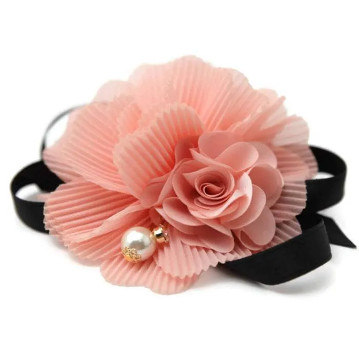 Pleated flower black bow Knot decorated elastic ponytail Holder Women Hair Elastics