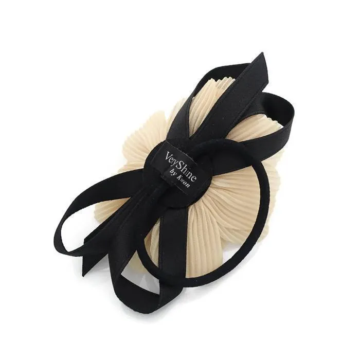 Pleated flower black bow Knot decorated elastic ponytail Holder Women Hair Elastics