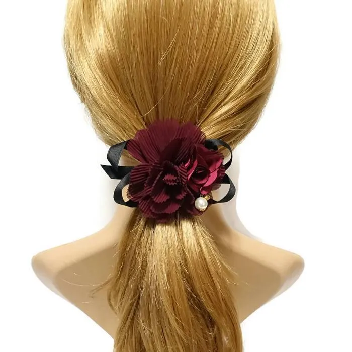 Pleated flower black bow Knot decorated elastic ponytail Holder Women Hair Elastics