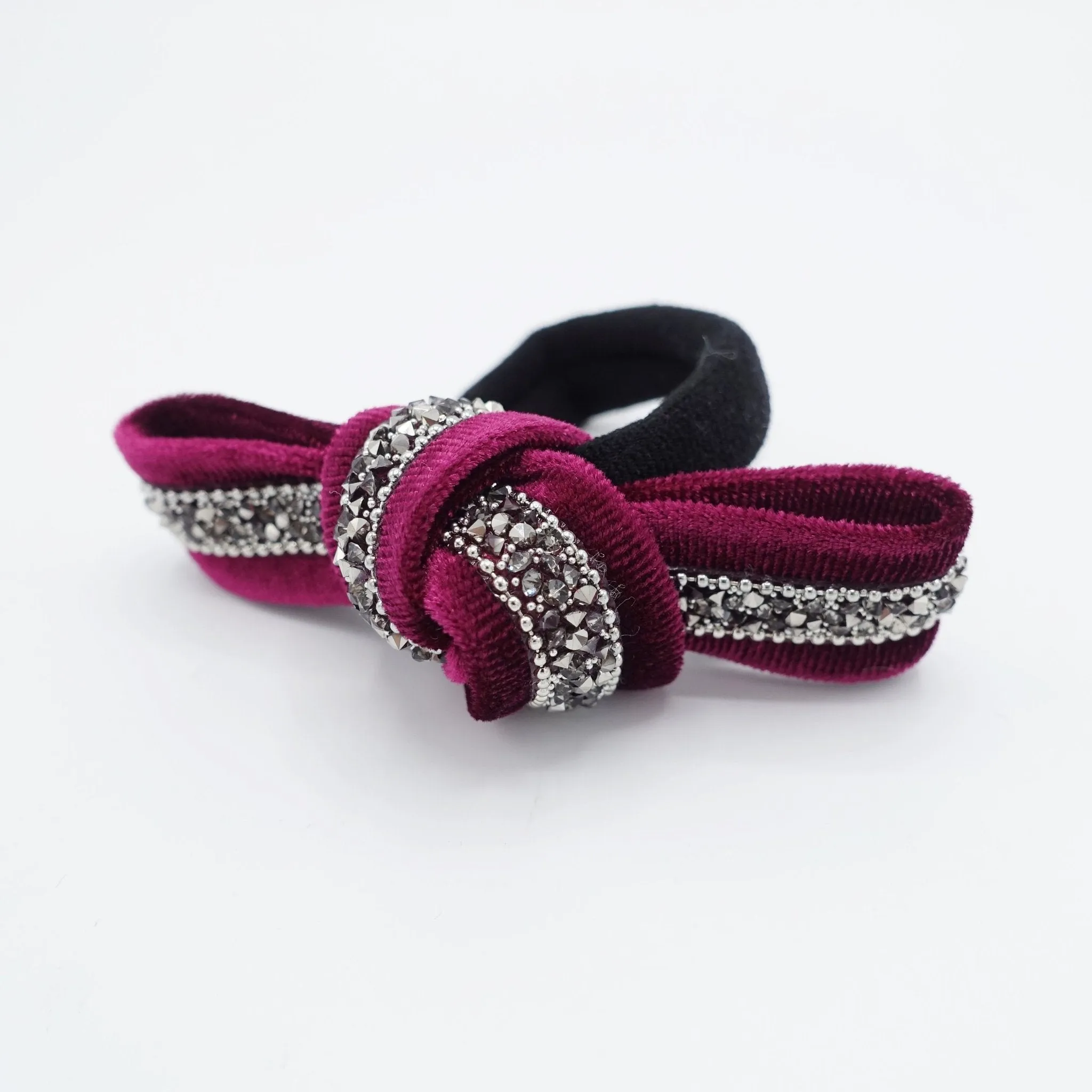 rhinestone embellished  velvet bow knot hair elastic ponytail holder women hair tie