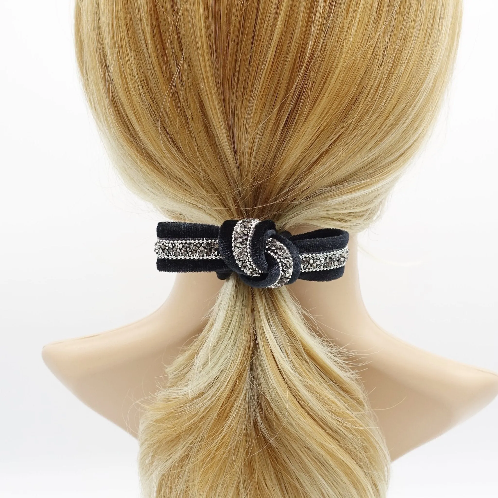 rhinestone embellished  velvet bow knot hair elastic ponytail holder women hair tie